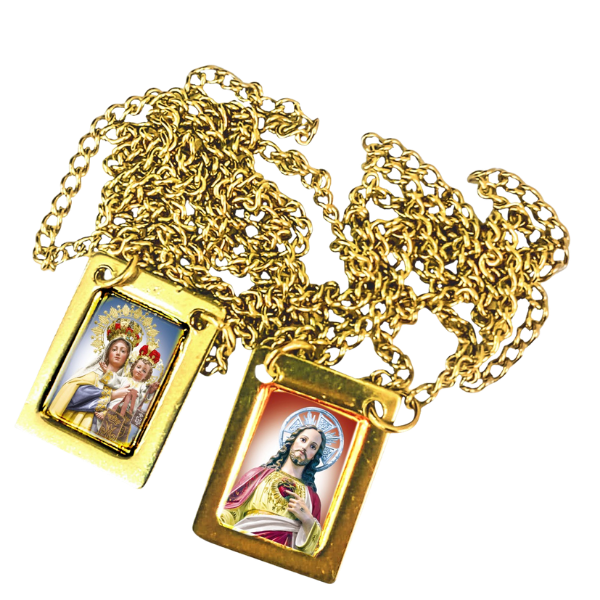 Escapulário dourado com medalhas de Nossa Senhora do Carmo e Jesus