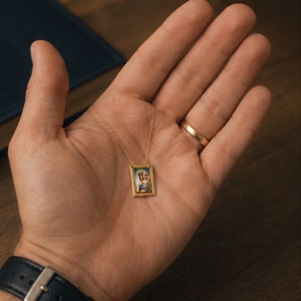 Escapulário dourado na palma de uma mão